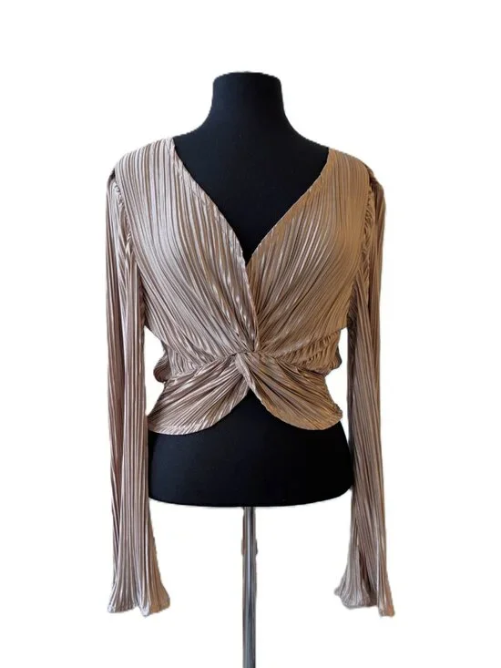 Champagne Gold Metallic Plissé Twist Knot Long Sleeve Crop | NWOT - Picture 1 of 5